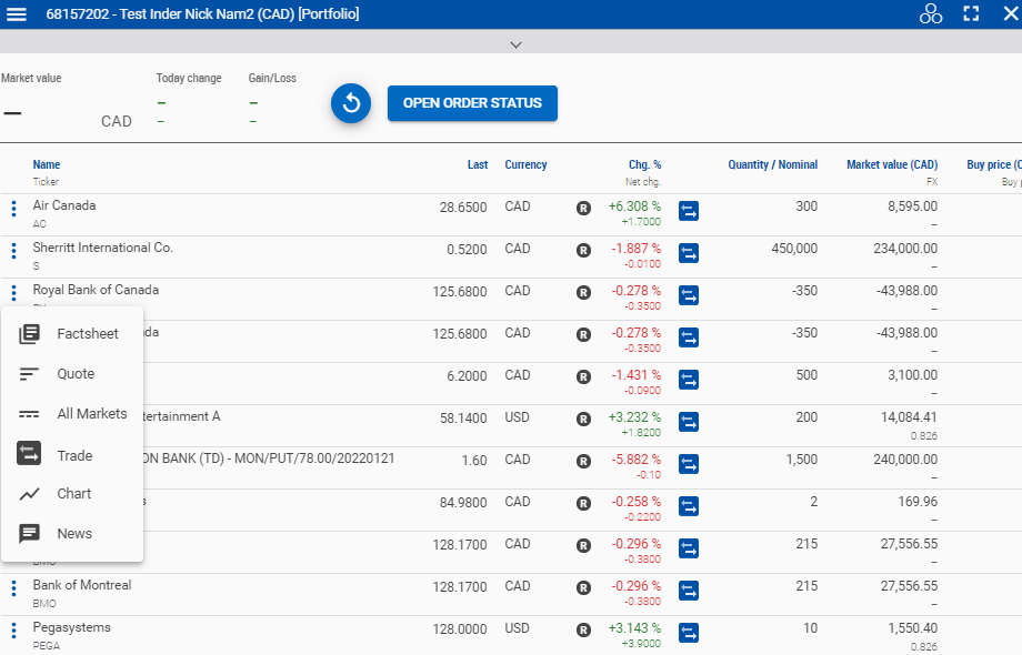 Example screenshot showing Portfolio with quick menu on the lower left side of the screen