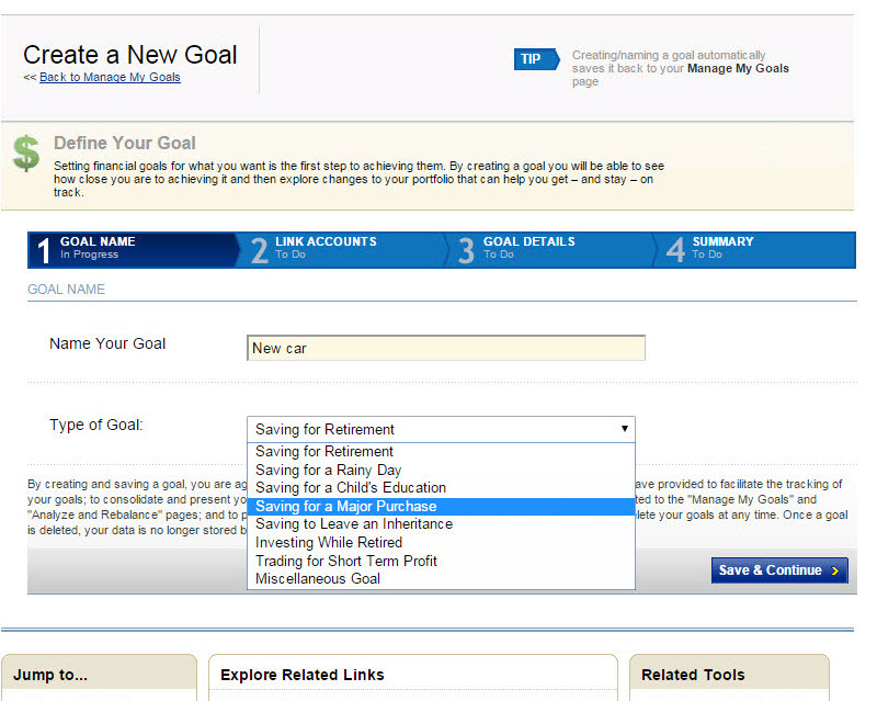 Sample screenshot of Goal Setting tool showing text label to input name of your goal, and a dropdown to choose type of goal.