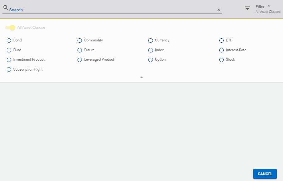 Example screenshot showing broad rane of assets classes