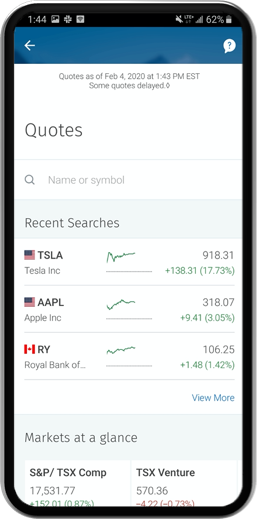 Example Phone screenshot showing Quotes, recent searches, and Market at a glance