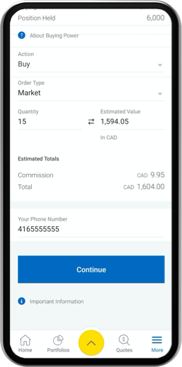 Example Phone screenshot showing Position held, Action buying power, form, and estimated total