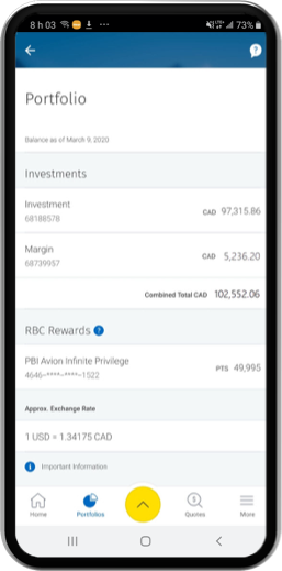 Example Phone screenshot showing Portfolio Investments and exchange rate