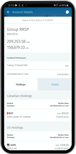 Example Phone screenshot showing Group RRSP, combined performance, Canadian Holdings, and U.S. holdings