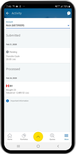 Example Phone screenshot showing Activity, submitted and processed