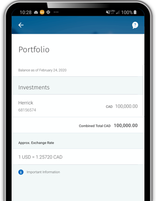 Example Phone screenshot showing Portfolio Investments and exchange rate