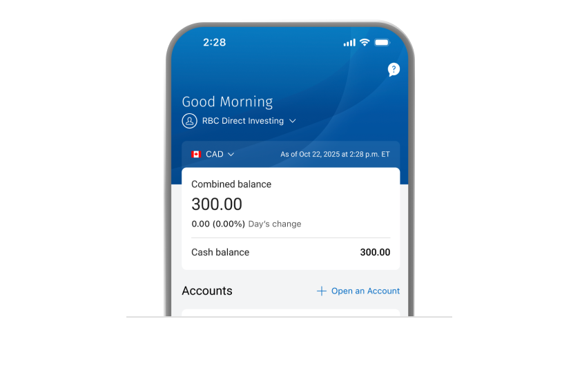 Cell phone showing RBC’s mobile trading and investing platform