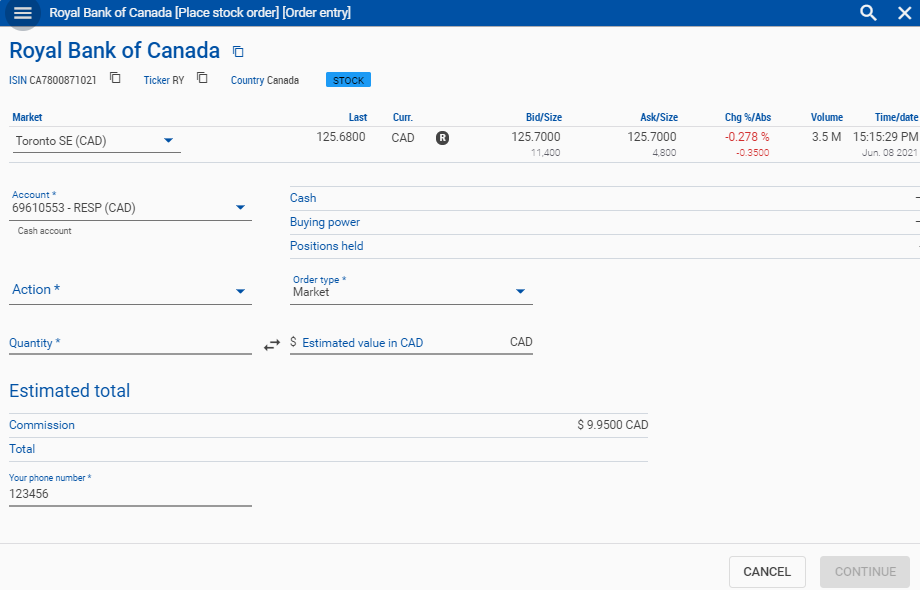 Example screenshot showing form to create an order