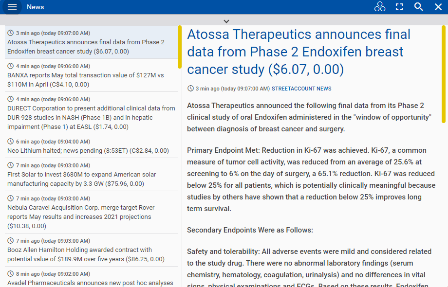 Example screenshot showing News, qoutes, and analysis