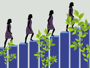 Woman climbing up a bar graph. 