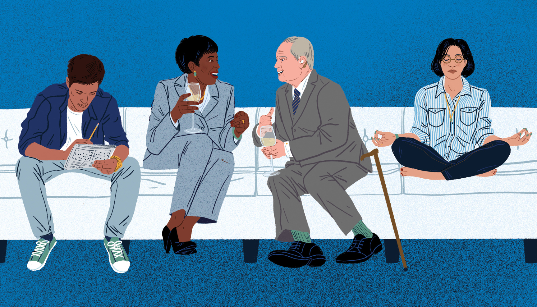 People sitting on the couch meditating and socializing.