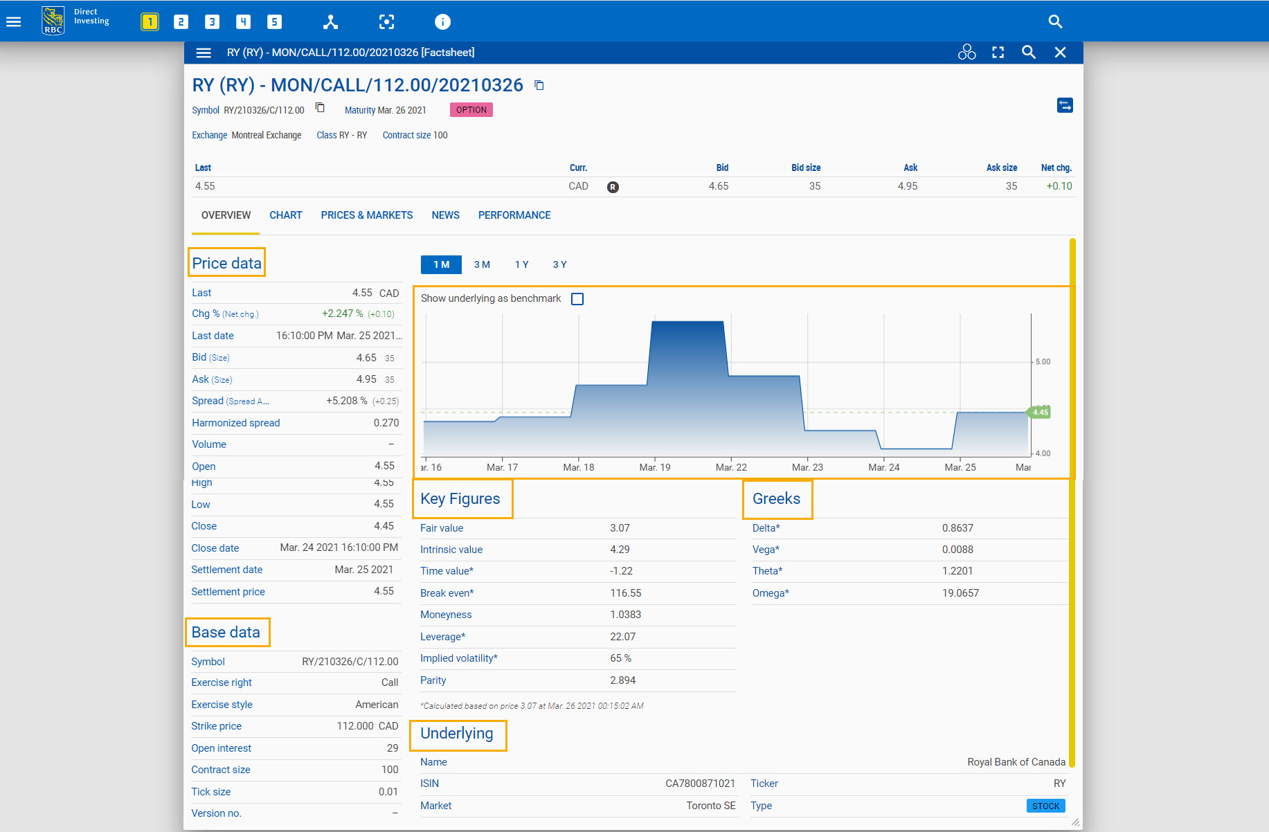 Overview tab on options factsheet. 