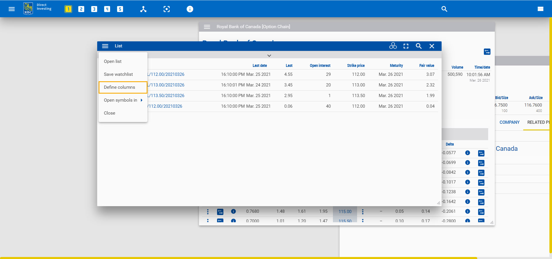 Define columns on List widget. 