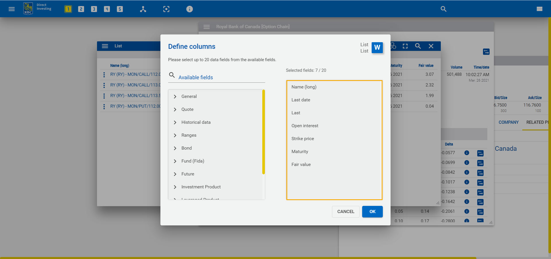 Add options specific columns. 