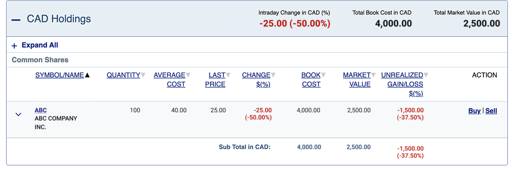 Screengrab showing shares before quantity update