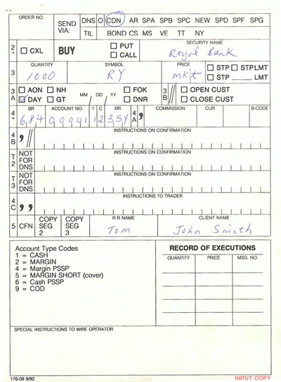 Example of a trading form from the past, filled out by hand.