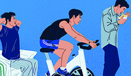 Evolution style image of man waking up, riding a stationary cycle, eating, and thinking in a suit.