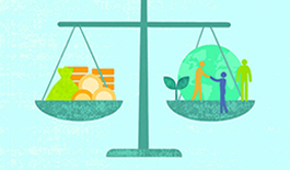 A beam balance weighing the earth on one side and money on the other.