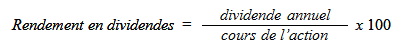 Rendement en dividendes = (dividende annuel/cours de l’action) x 100