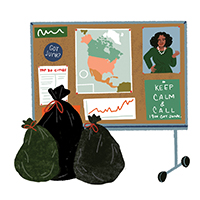 Vision board with garbage bags in front of it.