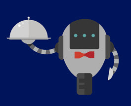 Illustration of a robot dressed as a butler and holding a cloche.